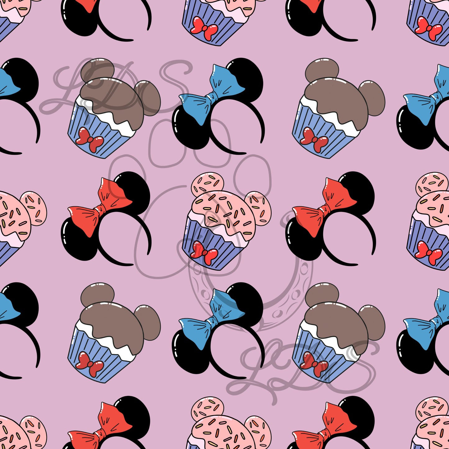 Seamless pattern, Mouse ears cupcakes, mouse ears, cupcake cartoon, magical cupcake, minnie cupcakes, minnie ears