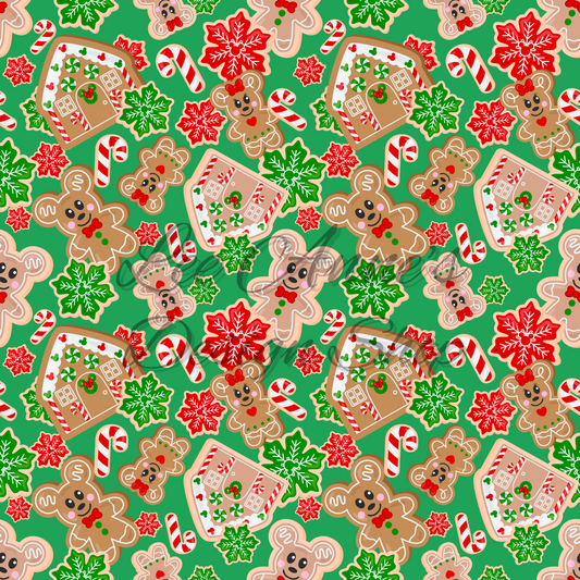Magical Mouse Christmas, Mouse gingerbread Green Seamless