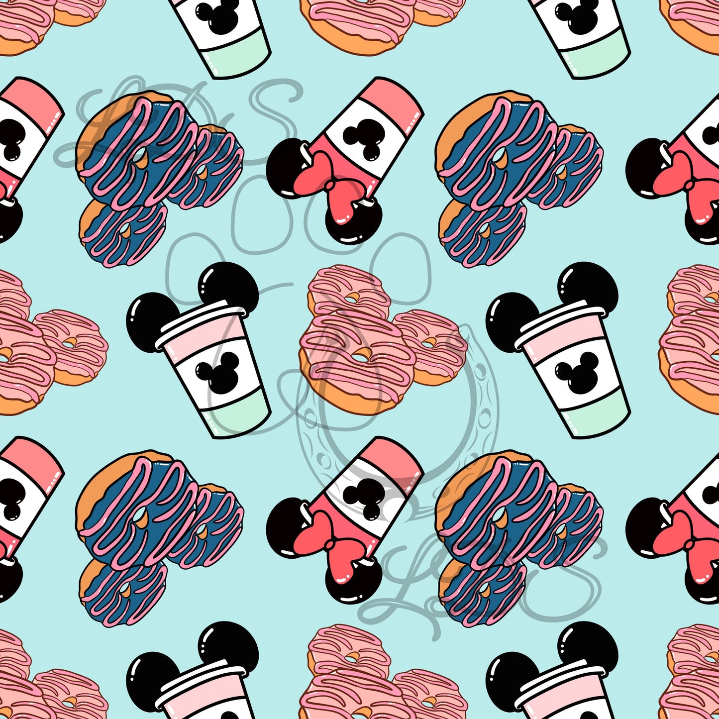 Seamless pattern, Mouse ears donuts, mouse ears coffee, magical donuts, magical coffee, donuts and coffee pattern