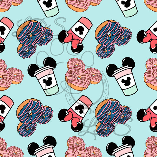 Seamless pattern, Mouse ears donuts, mouse ears coffee, magical donuts, magical coffee, donuts and coffee pattern