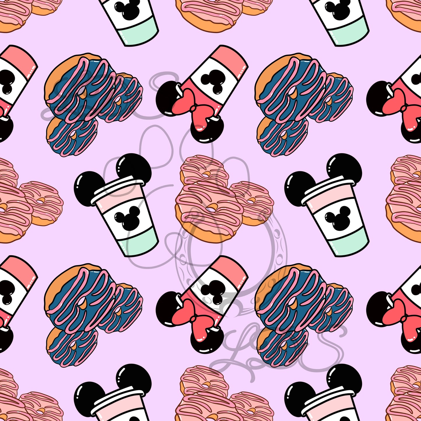 Seamless pattern, Mouse ears donuts, mouse ears coffee, magical donuts, magical coffee, donuts and coffee pattern