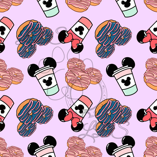 Seamless pattern, Mouse ears donuts, mouse ears coffee, magical donuts, magical coffee, donuts and coffee pattern